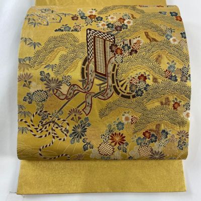 袋帯 美品 逸品 引箔本金紹巴 菱重ね鏡文 金糸 金色 お太鼓柄 正絹 袋帯 美品 逸品 引箔本金紹巴 菱重ね鏡文 金糸 金色 お太鼓柄
