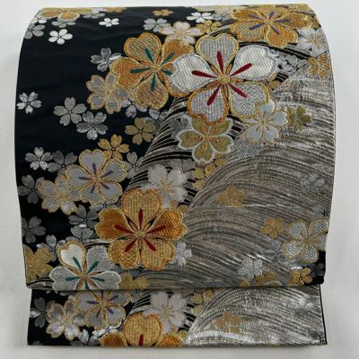 袋帯 秀品 桜 箔 金銀糸 黒 全通 正絹｜中古・古着・リサイクル