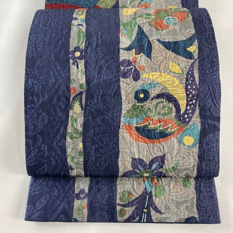 袋名古屋帯 美品 秀品 手先ニ通り 草花 幾何学 紺色 正絹｜中古