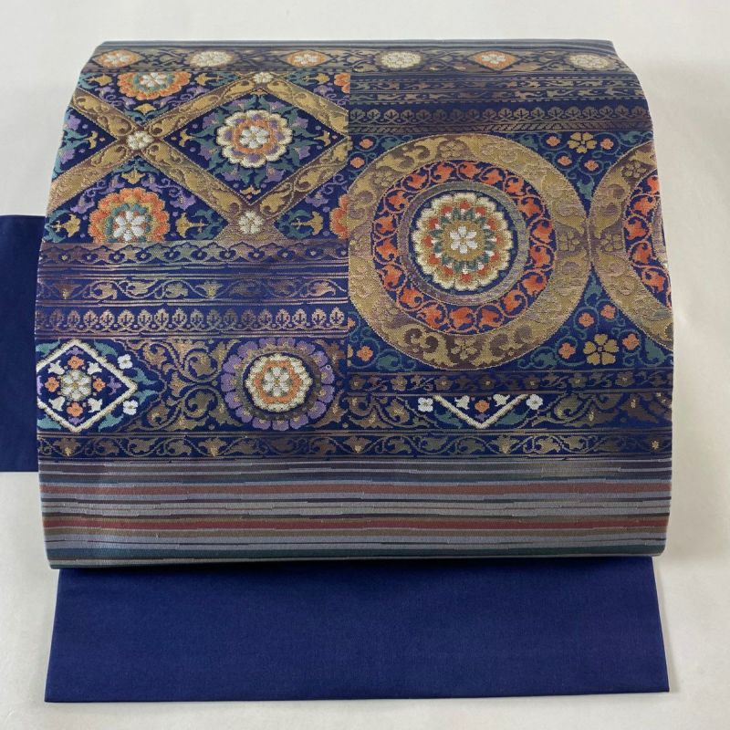 名古屋帯 美品 優品 華文 縞 箔 紺色 正絹｜中古・古着