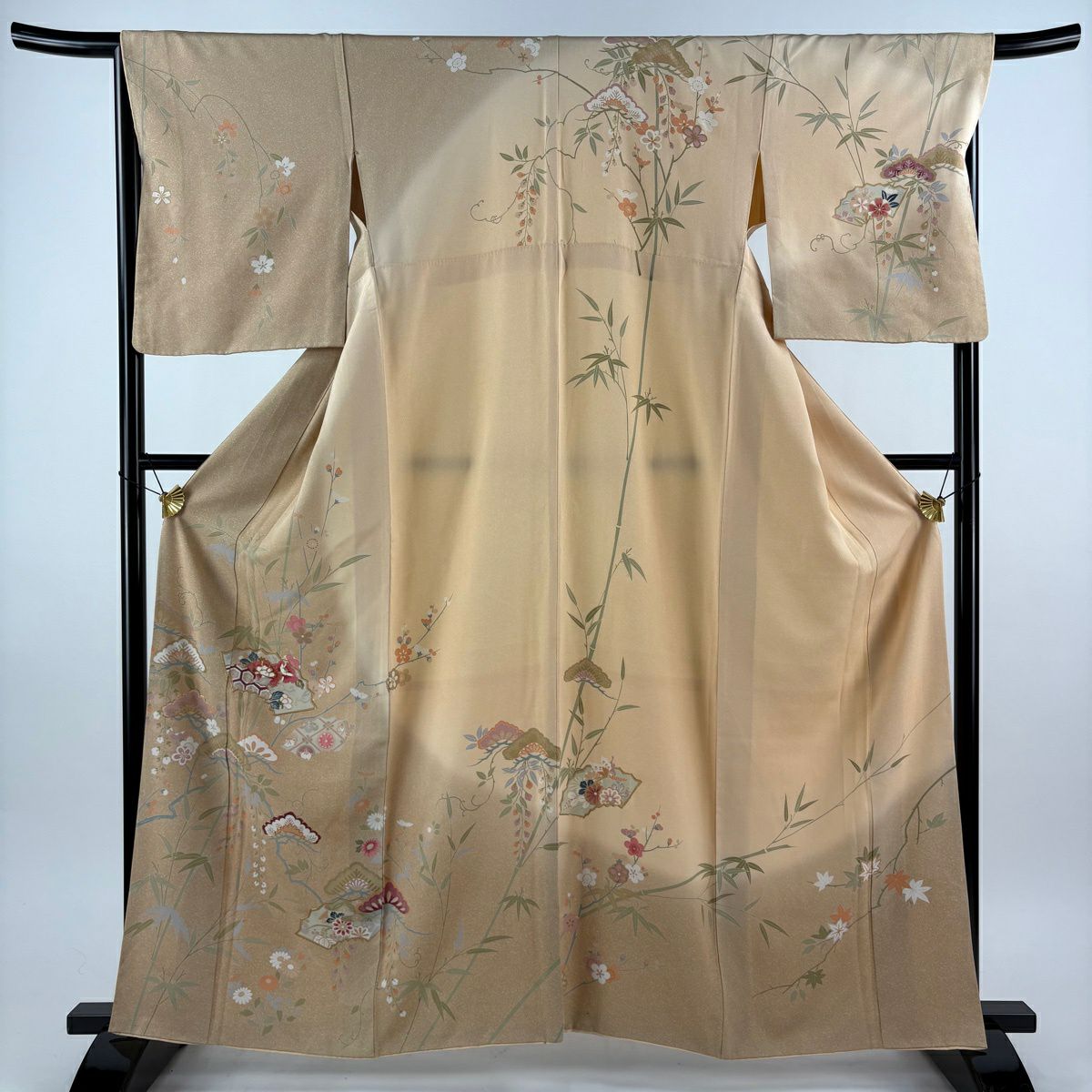 訪問着 身丈162cm 裄丈67.5cm L 袷 松竹梅 扇面 金糸 金彩 ベージュ