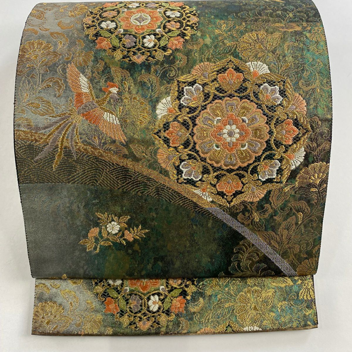 袋帯 美品 秀品 鳳凰 華文 銀糸 刺繍 ベージュ お太鼓柄 正絹