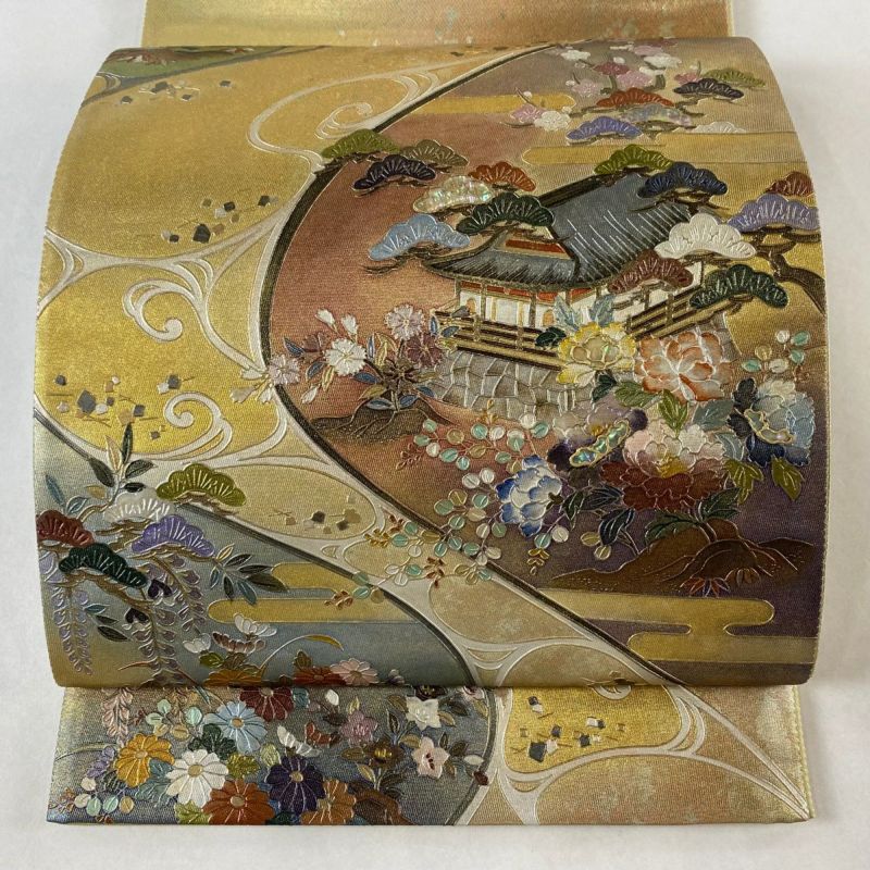 袋帯 名品 建物 松竹梅 螺鈿 金銀彩 金色 お太鼓柄 正絹｜中古