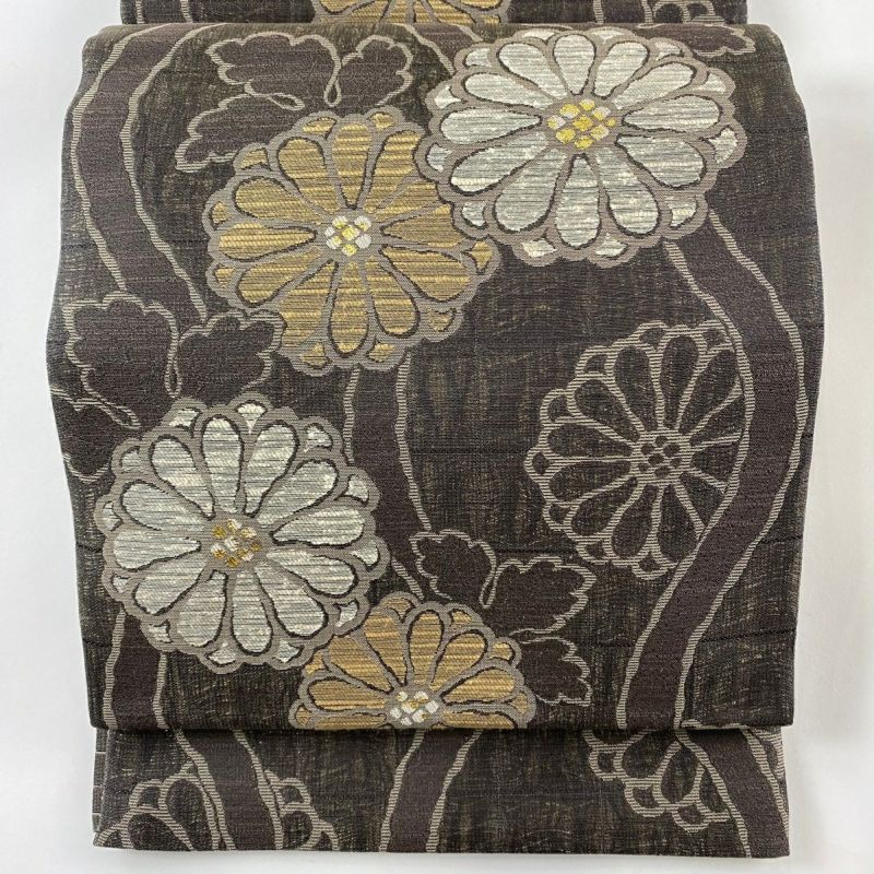 袋帯 美品 名品 菊 よろけ縞 箔 焦茶色 六通 正絹｜中古・古着