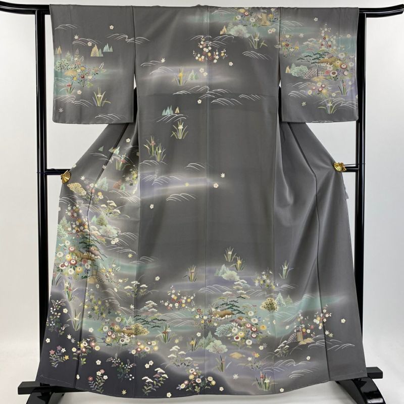 訪問着 身丈162cm 裄丈62.5cm S 袷 草花 建物 ぼかし 灰色 正絹