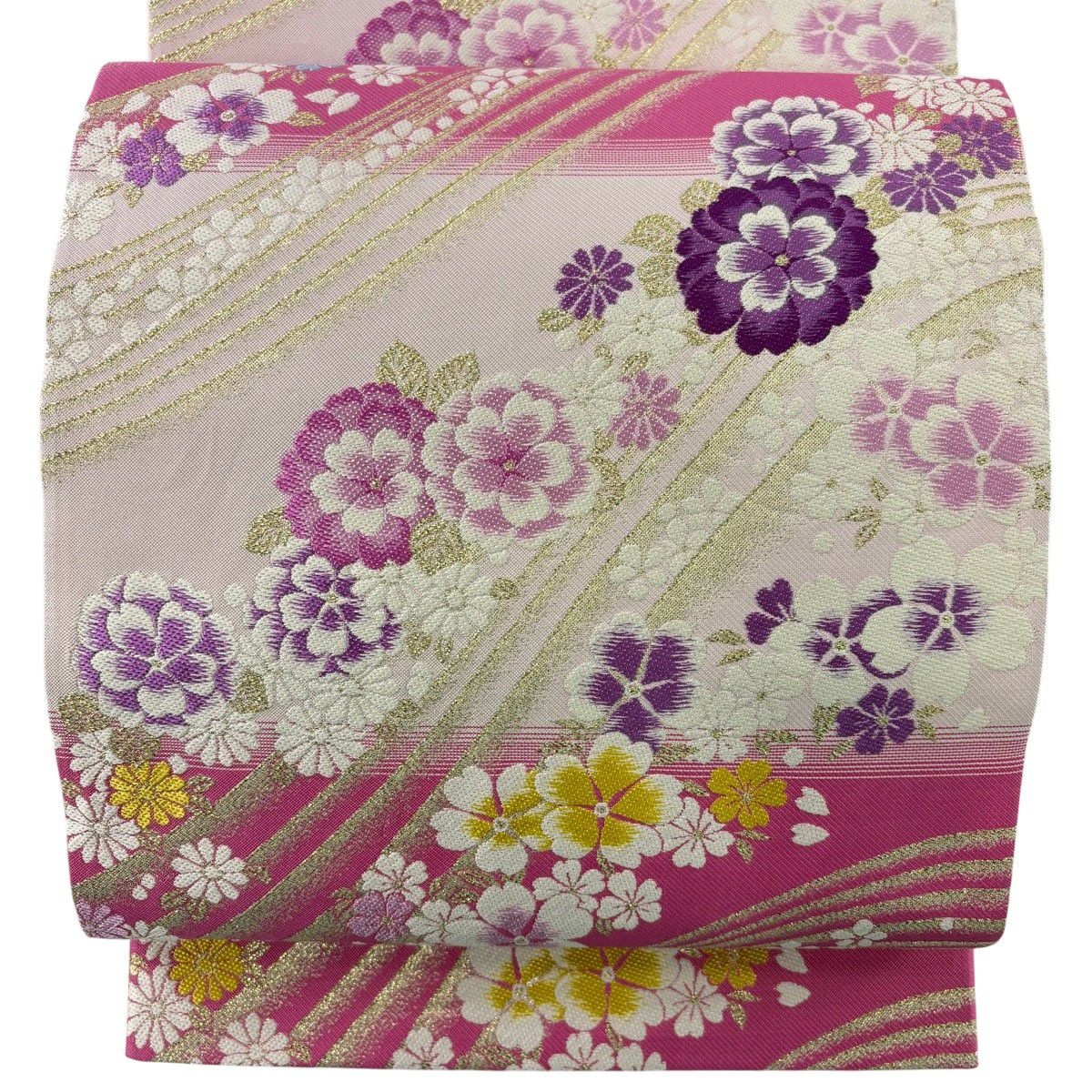 美品】 袋帯 名品 振袖向き 桜 菊 箔 ピンク 六通 正絹｜中古・古着