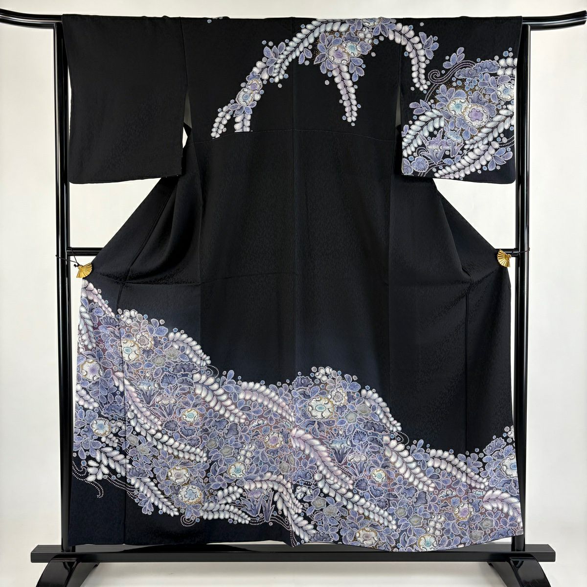 訪問着 身丈157.5cm 裄丈64cm M 袷 やまと 辻が花柄 金彩 墨色 正絹