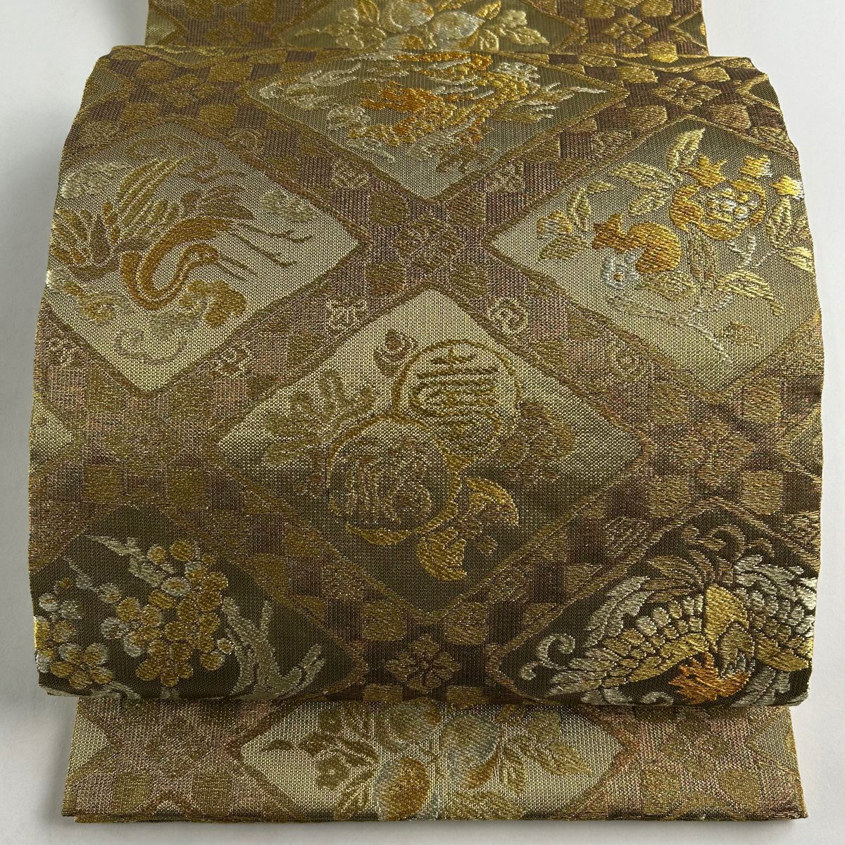 407ag60◎七五三 7歳 全通袋帯 ハーフ成人式 雪輪 金銀糸 唐織◎美品 70%OFF 袋帯 美品 秀品 鳳凰 流水 金銀糸 箔 薄茶色 六通 正絹