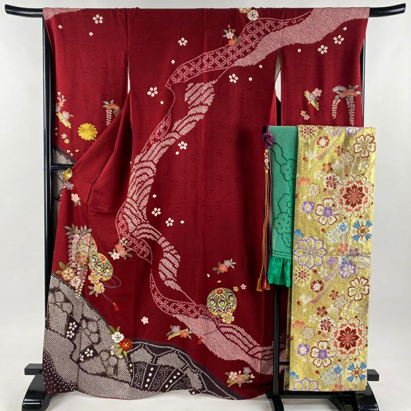 振袖 身丈167cm 裄丈68cm L 袷 袋帯フルセット 鞠 桜 刺繍 金糸