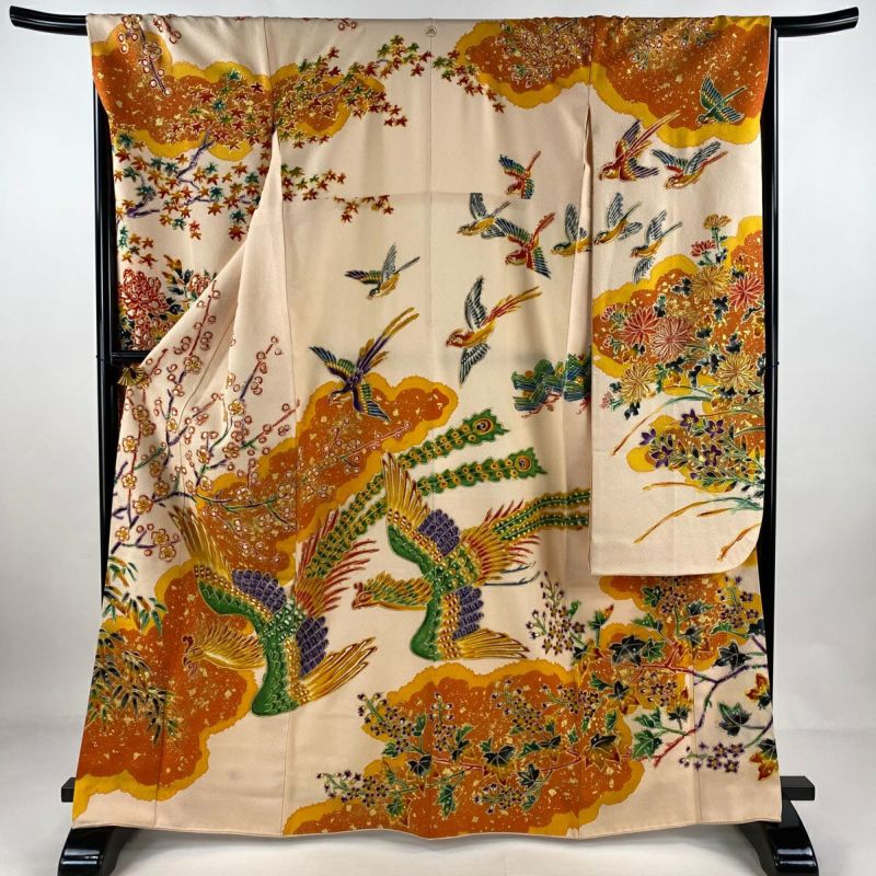 袷 花 【中古】 裄丈67cm 金彩 小気味よく 青緑