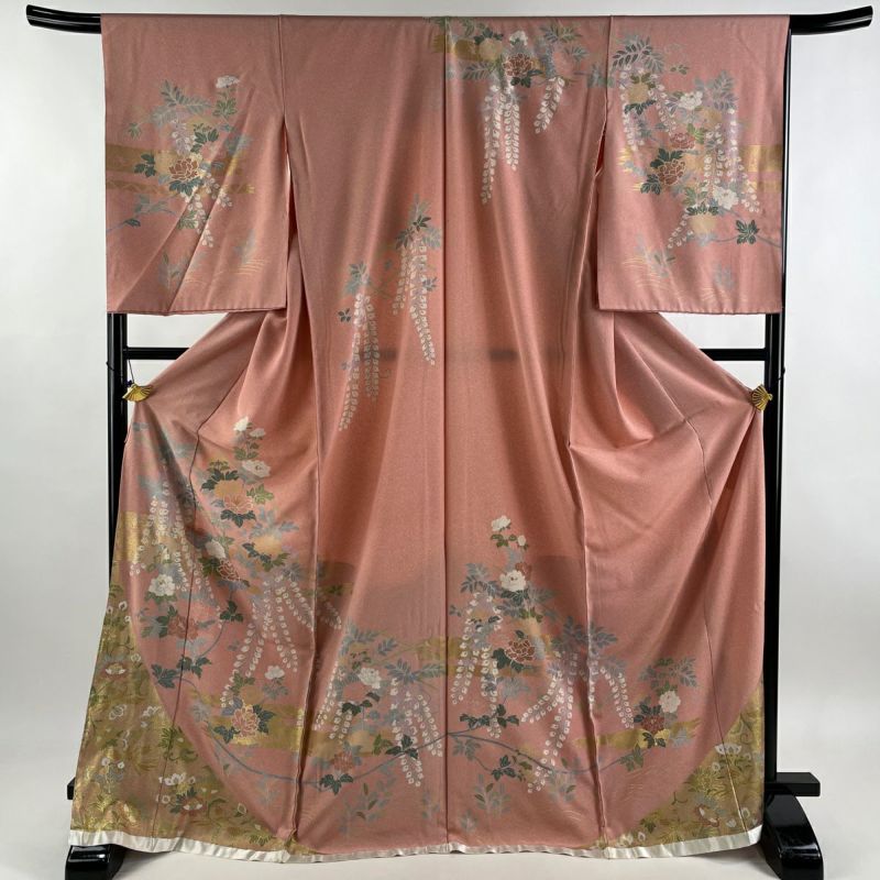 訪問着 身丈175cm 裄丈68cm 仮絵羽 草花 霞 金彩 ピンク 正絹 秀品