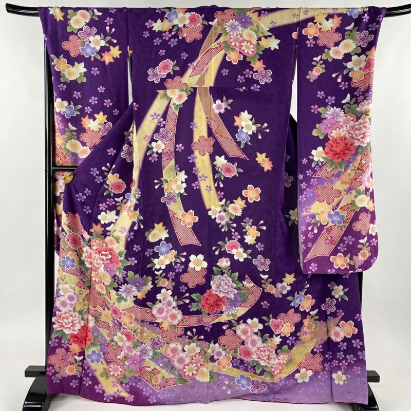 振袖 身丈169cm 裄丈71cm L 袷 牡丹 熨斗 銀通し 刺繍 紫 正絹