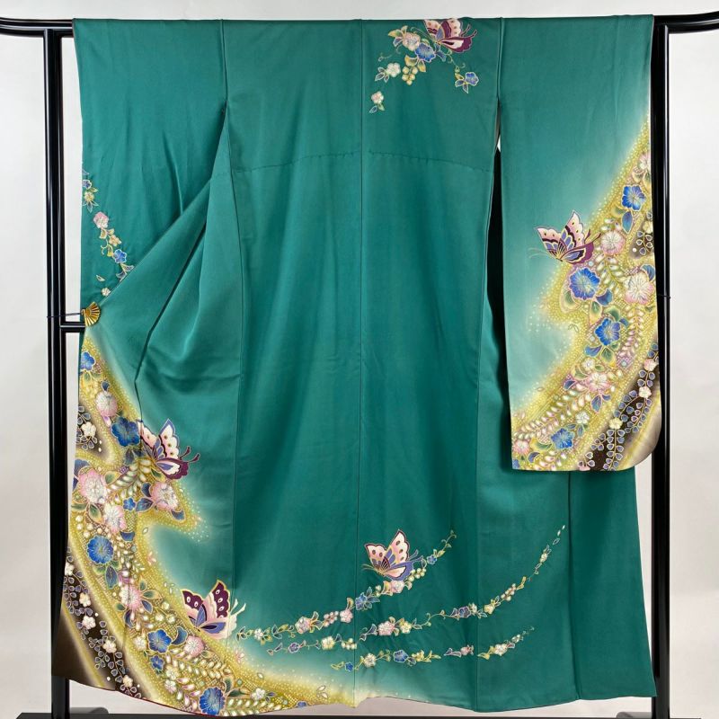 振袖 身丈150.5cm 裄丈63cm S 袷 蝶 草花 金彩 ぼかし 緑 正絹