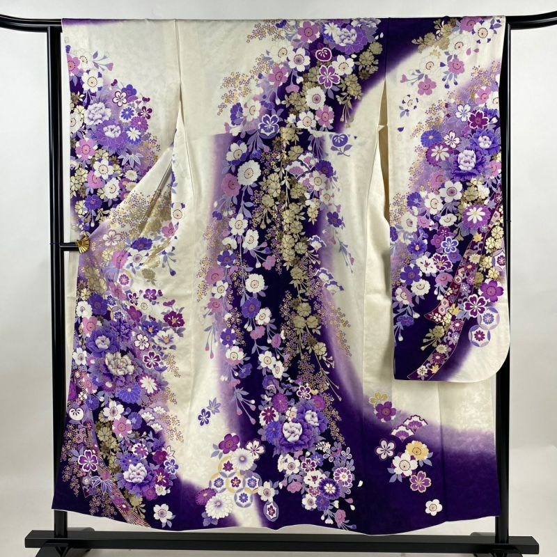 軽微な難あり☆振袖単品 優美に蝶花 正絹 身丈163cm クリーム