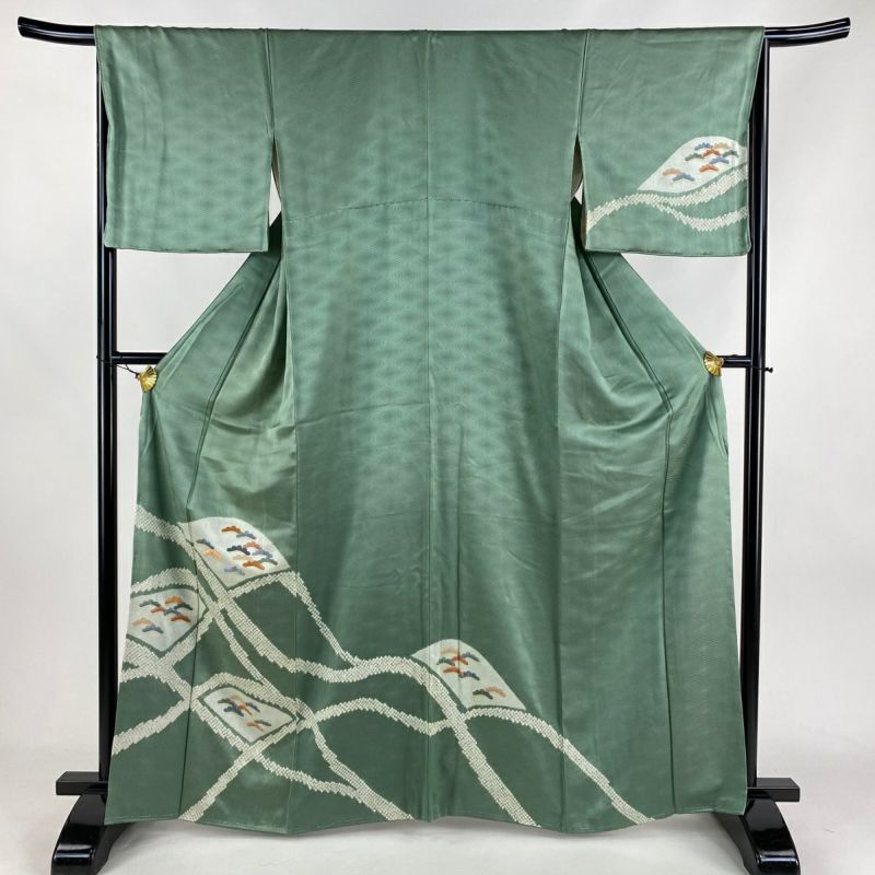 格安 M 裄丈66.5cm 身丈164cm 訪問着 袷 灰緑 金糸 絞り 幾何学 松 着物・浴衣
