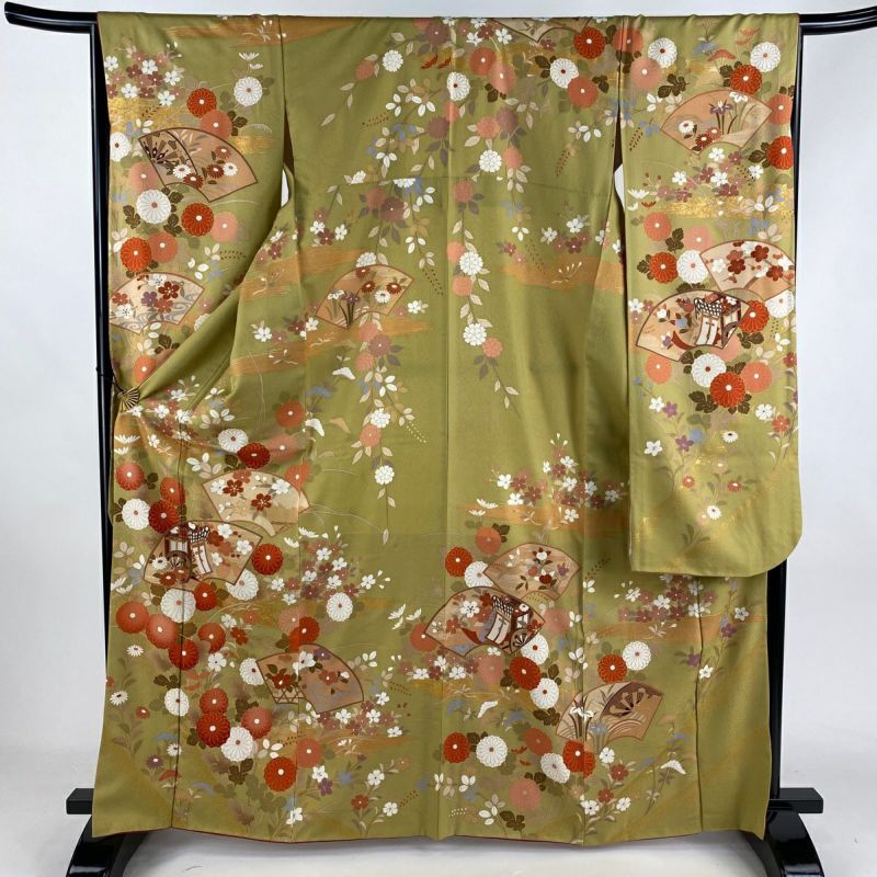 振袖 身丈165cm 裄丈66cm M 袷 扇面 菊 金彩 鶯色 正絹 美品 秀