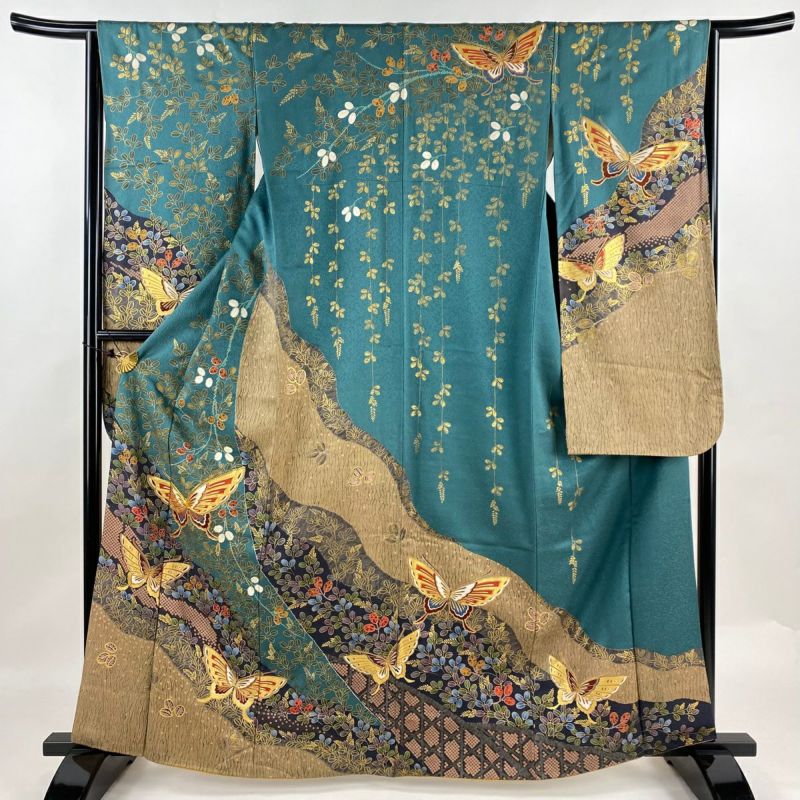 送料無料 百貨店 身丈164cm 振袖 裄丈64cm 秀品 正絹 青緑 金彩 金糸 萩 蝶 袷 M 着物・浴衣