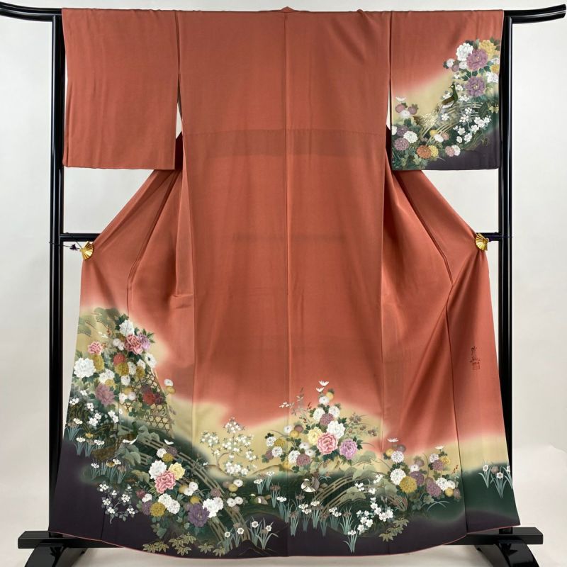 訪問着 身丈160.5cm 裄丈64cm M 袷 落款あり 草花 孔雀 刺繍