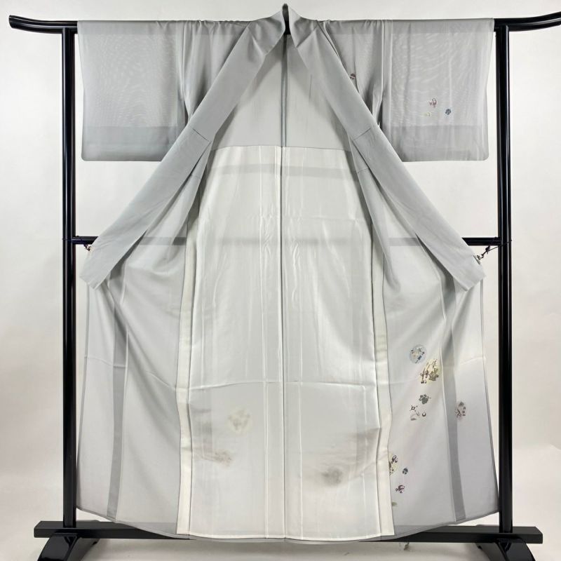 付下げ 身丈160cm 裄丈62.5cm S 薄物 絽 雪輪 宝づくし 灰色