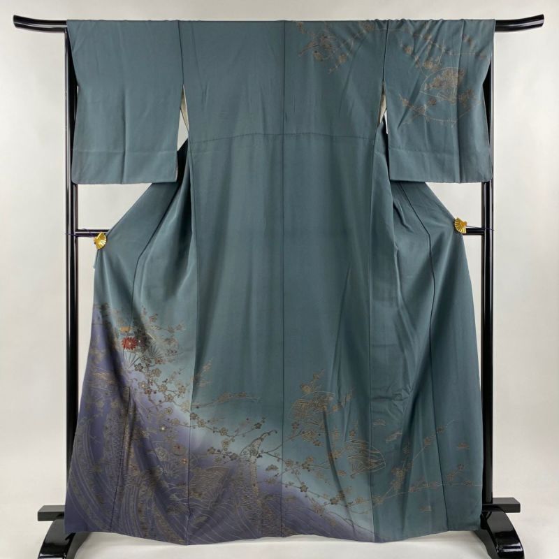 訪問着 身丈166.5cm 裄丈66cm M 袷 扇 菊 金糸 刺繍 灰緑 正絹