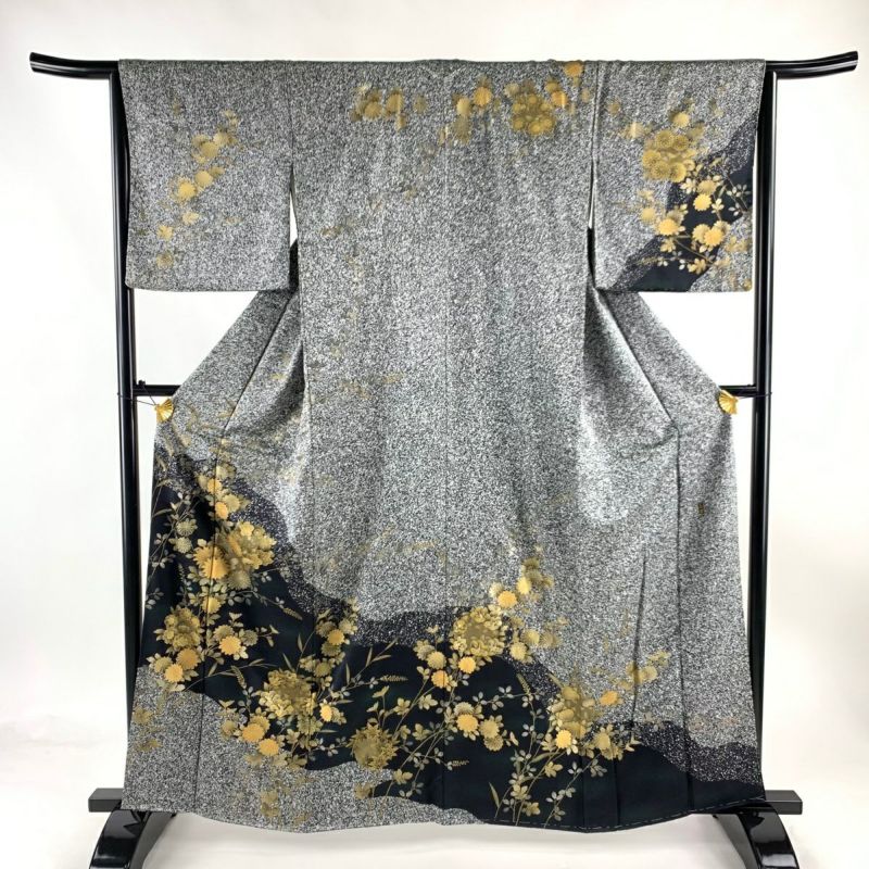 訪問着 身丈162.5cm 裄丈65cm M 袷 落款あり 菊 梅 金銀彩 黒灰