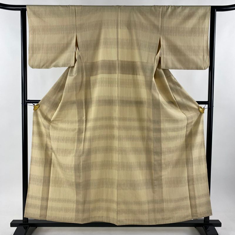 紬 身丈157cm 裄丈62cm S 単衣 段縞 ベージュ 正絹 美品 逸品