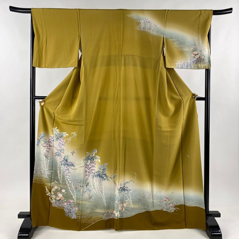 訪問着 身丈168cm 裄丈66.5cm M 袷 落款あり 藤 鳥 金彩