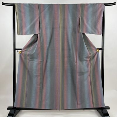 紬 身丈164cm 裄丈67cm M 袷 縦縞 赤茶 正絹 逸品｜中古・古着