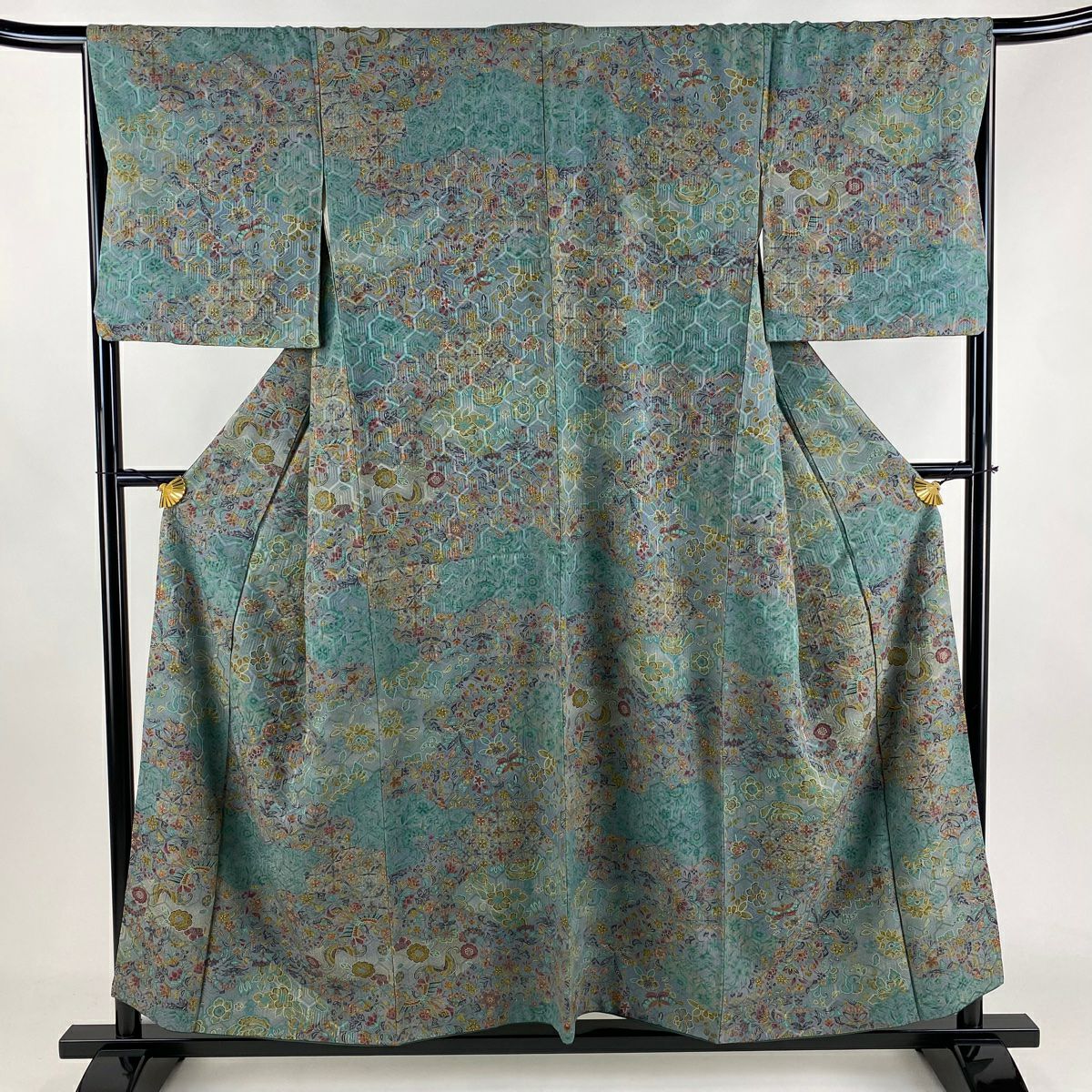 道中着 身丈100.5cm 裄丈66cm M 三本賢 和装コート 衿付き 扇面 道中着 身丈100.5cm 裄丈66cm M 三本賢 和装コート 衿付き 扇面