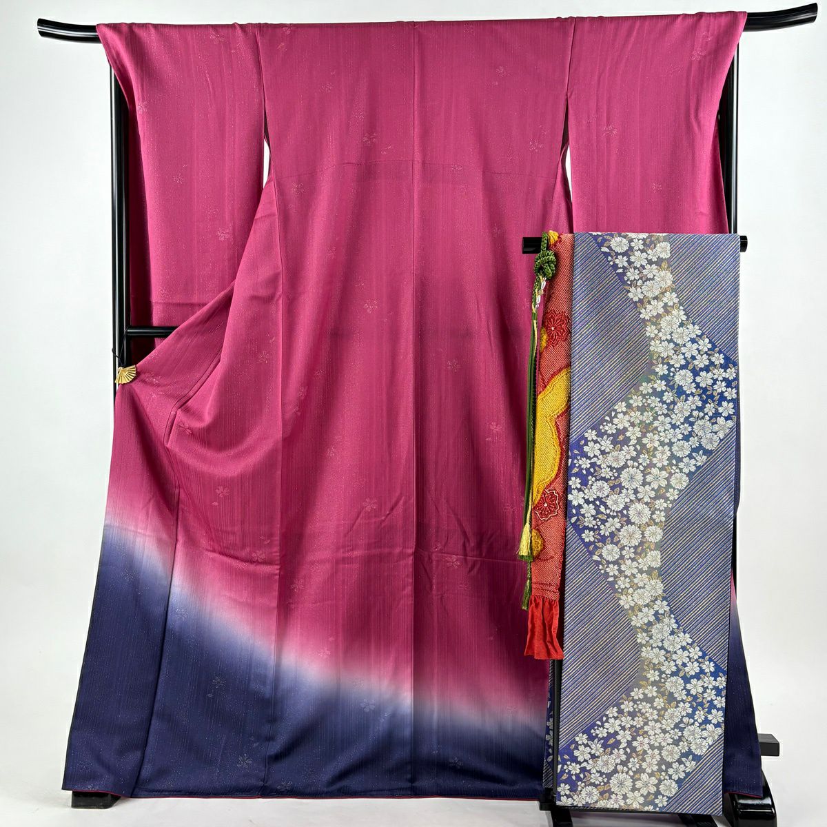 美品】 振袖 身丈174cm 裄丈69cm L 袷 袋帯フルセット 桜 縦縞 箔