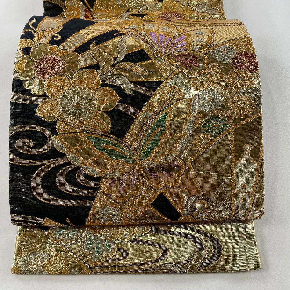 袋帯 秀品 振袖向き 蝶 梅 金糸 箔 金色 六通 正絹|中古・古着 袋帯 秀品 振袖向き 蝶 梅 金糸 箔 金色 六通 正絹|中古・古着