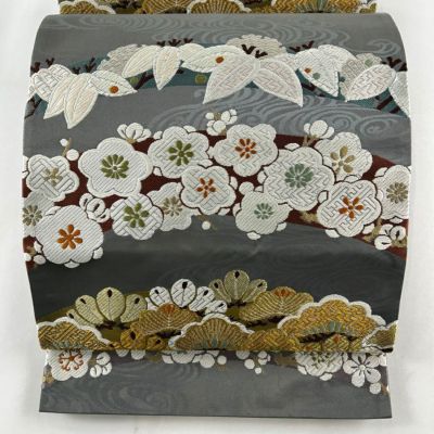 袋帯 秀品 瑞祥延寿文 松竹梅 流水 唐織 金糸 灰色 六通 正絹