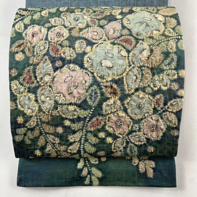 袋帯 美品 秀品 辻ヶ花柄 格子 箔 ぼかし 青緑 お太鼓柄 正絹 袋帯 美品 秀品 辻ヶ花柄 格子 箔 ぼかし 青緑 お太鼓柄 正絹