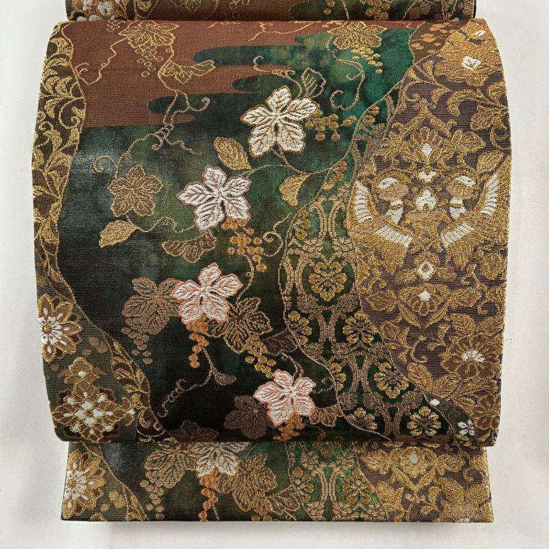 袋帯 美品 秀品 ぶどう 花鳥 箔 茶色 六通 正絹|中古・古着 袋帯 美品 秀品 ぶどう 花鳥 箔 茶色 六通 正絹|中古・古着