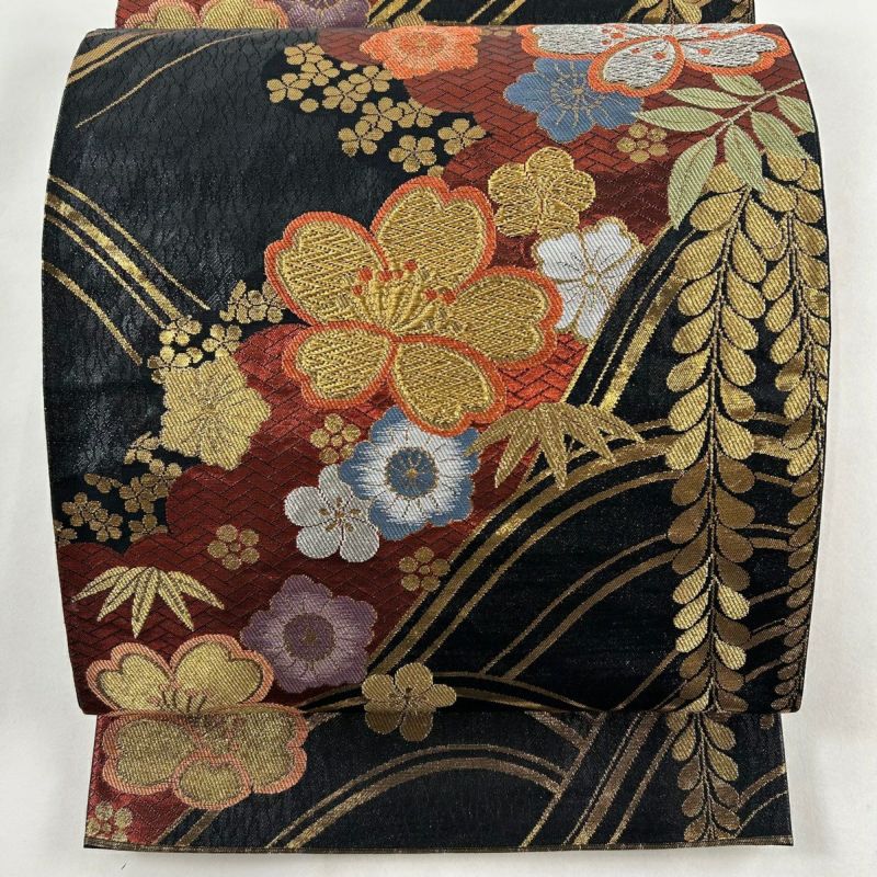 袋帯 美品 秀品 桜 藤 金銀糸 箔 黒 六通 正絹|中古・古着 袋帯 美品 秀品 桜 藤 金銀糸 箔 黒 六通 正絹|中古・古着