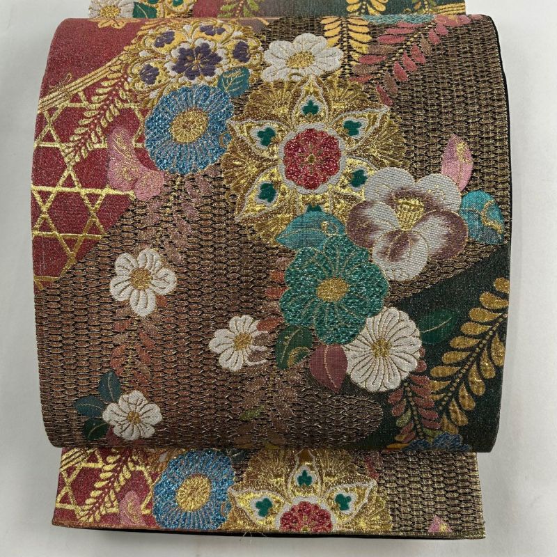 袋帯 秀品 振袖向き 草花 籠目 ラメ箔 金糸 ピンク 六通 正絹 袋帯 秀品 振袖向き 草花 籠目 ラメ箔 金糸 ピンク 六通 正絹
