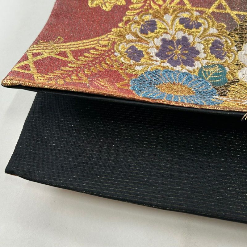 袋帯 秀品 振袖向き 草花 籠目 ラメ箔 金糸 ピンク 六通 正絹 袋帯 秀品 振袖向き 草花 籠目 ラメ箔 金糸 ピンク 六通 正絹