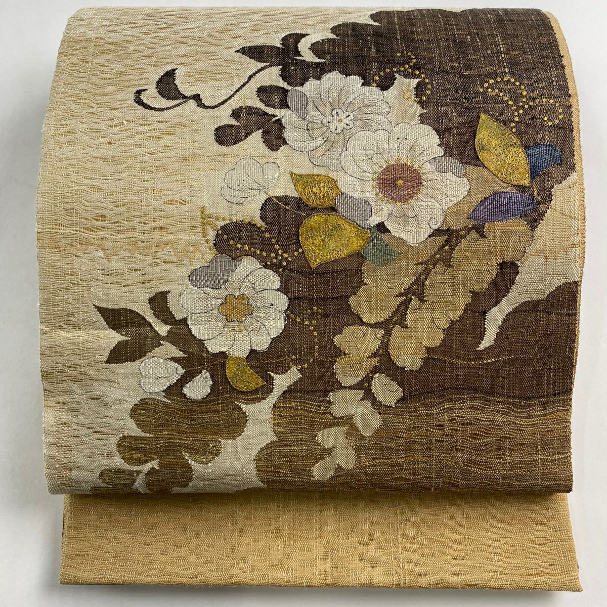 袋帯 秀品 お仕覆 草花 唐織 箔 茶緑色 六通 正絹|中古・古着 袋帯 秀品 お仕覆 草花 唐織 箔 茶緑色 六通 正絹|中古・古着