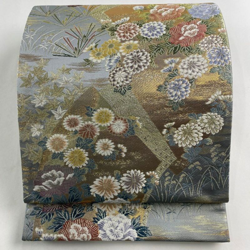 袋帯 美品 秀品 やまと 草花 色紙 金糸 箔 灰色 六通 正絹｜中古
