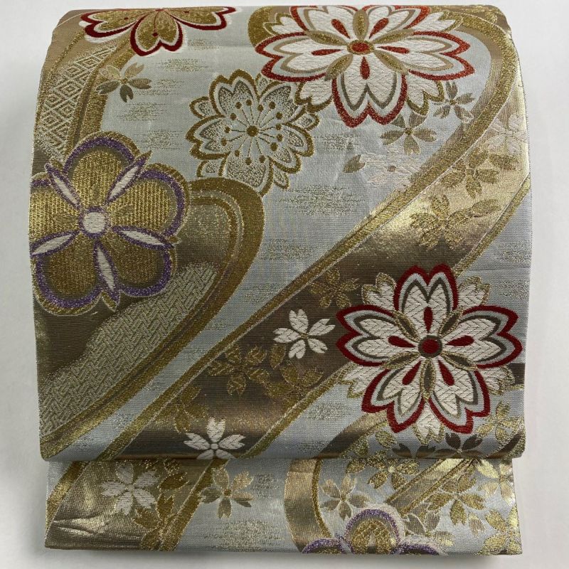 袋帯 秀品 桜 霞 箔 金銀糸 ベージュ 六通 正絹|中古・古着 袋帯 秀品 桜 霞 箔 金銀糸 ベージュ 六通 正絹|中古・古着