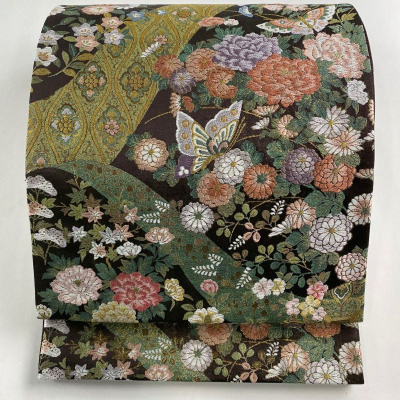 袋帯 美品 秀品 鈴乃屋 秋草 蝶 金糸 箔 焦茶色 六通 正絹|中古 袋帯 美品 秀品 鈴乃屋 秋草 蝶 金糸 箔 焦茶色 六通 正絹|中古