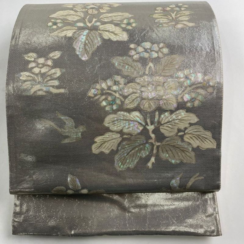 袋帯 秀品 花 鳥 箔 銀色 お太鼓柄 正絹|中古・古着 袋帯 秀品 花 鳥 箔 銀色 お太鼓柄 正絹|中古・古着
