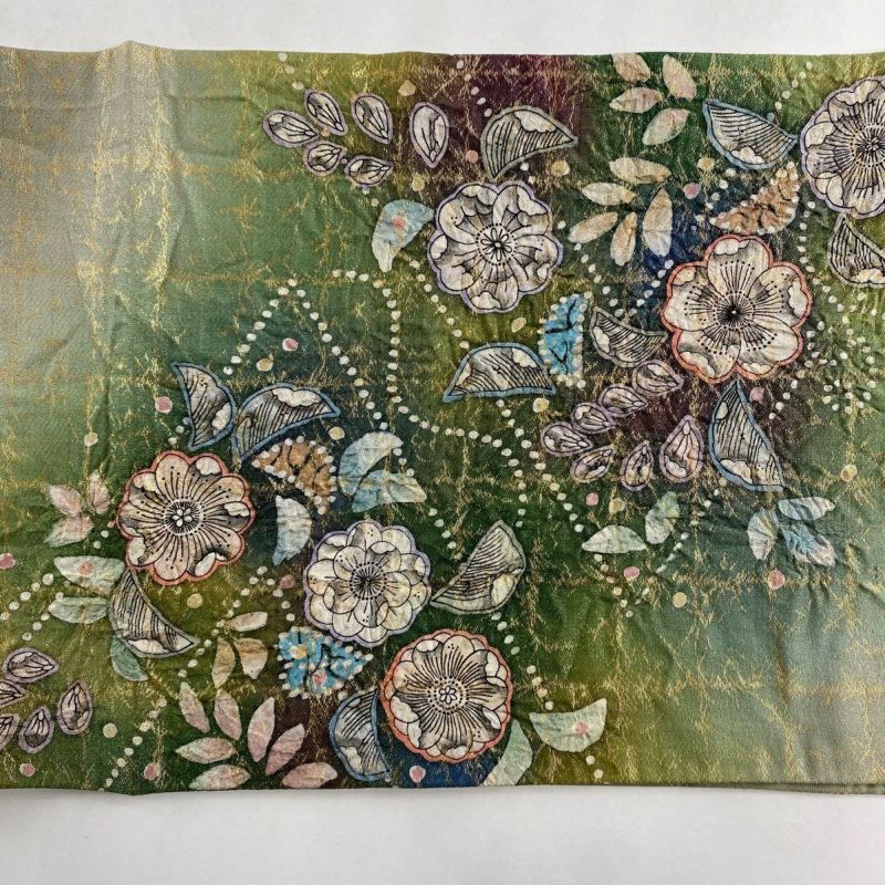 袋帯 美品 秀品 辻が花 銀糸 箔 緑 お太鼓柄 正絹｜中古・古着