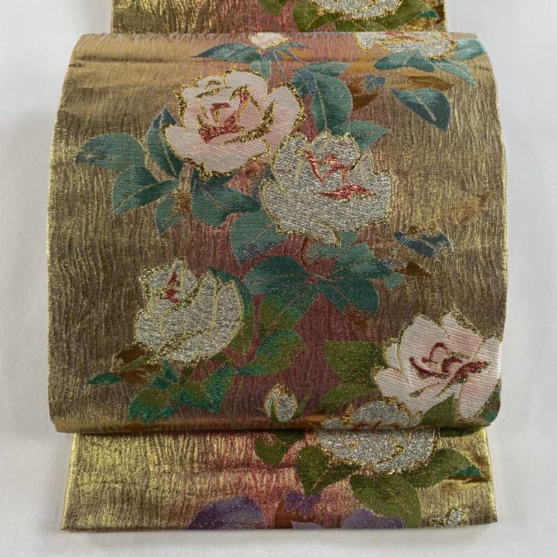 袋帯 美品 秀品 振袖向き 草花 金糸 箔 金色 六通 正絹|中古 袋帯 美品 秀品 振袖向き 草花 金糸 箔 金色 六通 正絹|中古