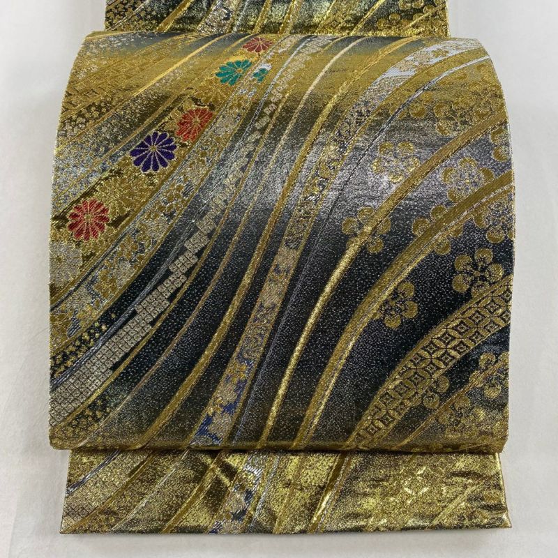 袋帯 美品 秀品 菊 梅 箔 銀色 六通 正絹|中古・古着 袋帯 美品 秀品 菊 梅 箔 銀色 六通 正絹|中古・古着