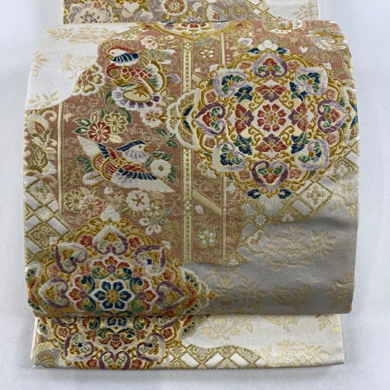 買い誠実 袋帯 正絹｜中古 六通 ベージュ 箔 金銀糸 花鳥 華文 秀品 美品 着物・浴衣