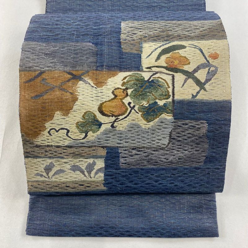 袋帯 秀品 紬地 瓢箪 草花 金糸 藍色 お太鼓柄 正絹|中古・古着 袋帯 秀品 紬地 瓢箪 草花 金糸 藍色 お太鼓柄 正絹|中古・古着