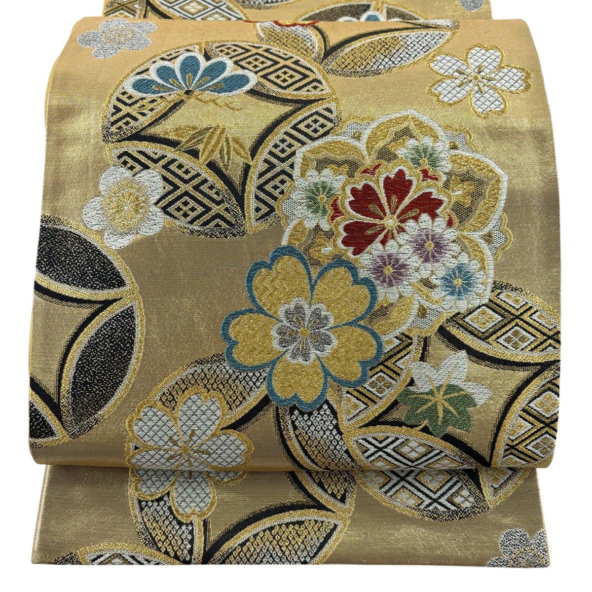 美品】 袋帯 秀品 桜 七宝 金銀糸 箔 金色 六通 正絹｜中古・古着