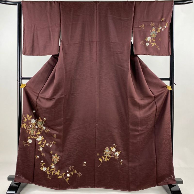 付下げ 身丈165cm 裄丈65cm M 袷 草花 金彩 えんじ色 正絹 美品 秀品|中古・古着・リサイクル着物通販|バイセル オンライン