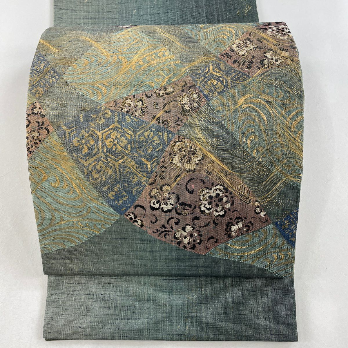 名古屋帯 美品 名品 夏帯 紗 花 波 金糸 唐織 灰緑 正絹|中古 名古屋帯 美品 名品 夏帯 紗 花 波 金糸 唐織 灰緑 正絹|中古